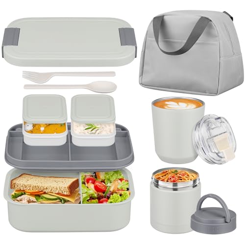 Gray Large Bento Lunch Box Set for Adults & Kids with Soup Thermo & Tumbler