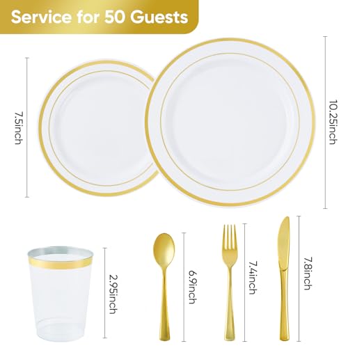 Gold Disposable Plates Set for 50 Guests - 350 Pieces Dinnerware & Cutlery