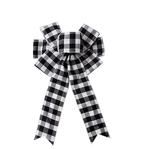 Black & White Buffalo Plaid Bow Christmas Wreath Topper & Door Decor, 15.7x9.4"