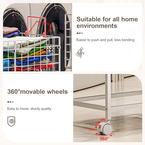 Eyteenokk 80L White Wire Rolling Laundry Basket with Handle, 23.6 x 15.75 x 28 inches