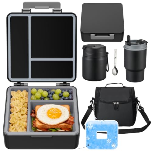 Kids Lunch Box Set with Stainless Steel Food Jar & Water Bottle - Black
