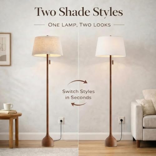 MOFFE Mid Century Walnut Wood Floor Lamp with Dual Shades - Amber Walnut Finish