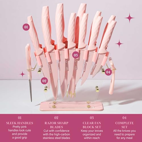 Pink Paris Hilton 16-Piece Knife Block Set with Fan Style Acrylic Organizer & Stainless Steel Blades
