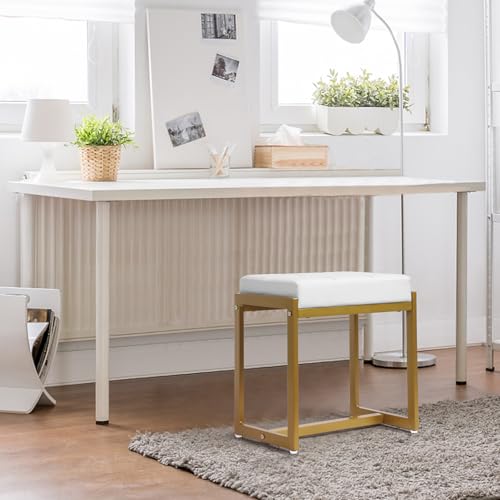 Vanity Stool with Gold Metal Legs - Faux Leather Makeup Bench for Bedroom & Living Room - White & Gold - Compact & Stylish