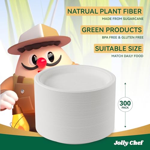 Disposable Eco-Friendly Paper Plates - Heavy Duty 10 Inch, 300 Pack, White, Compostable