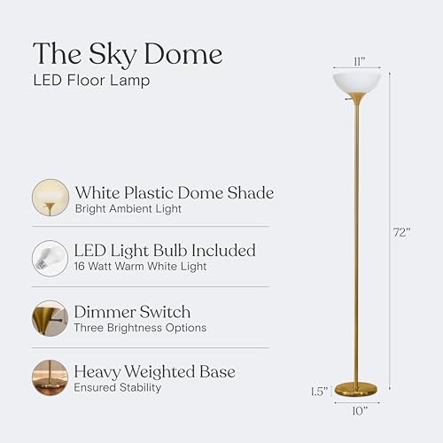 Dimmable LED Floor Lamp - Brass/Gold Tall Torchiere for Living Room & Bedroom