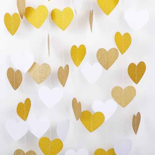 White-Gold Champagne Party-Decorations Heart Streamers Garland 52ft Hanging Streamers Banner Christmas Engagement Hanging Decoration Streamer Banner for Anniversary Wedding Birthday Bachelorette