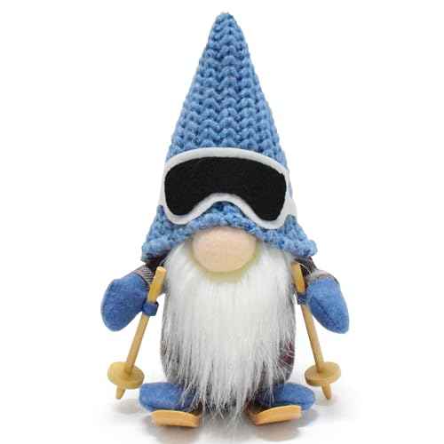 Cute Skiing Gnomes Plush Christmas Doll Gifts Handmade Knitted Ski Gnome Figurine Swedish Tomte Scandinavian Elf Dwarf Blue Winter Gnome for Home Tabletop Decor