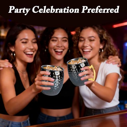 UNISWEET 4 Pack Moscow Mule Mugs – Hammered Copper Exterior, 304 Stainless Steel Lining, Black Handle (16.91 oz each)
