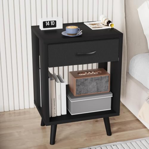 GYIIYUO 24-Inch Nightstands Set of 2 with Fabric Drawers, Black, M (15.7"D x 11.8"W) - Modern Bedroom Storage