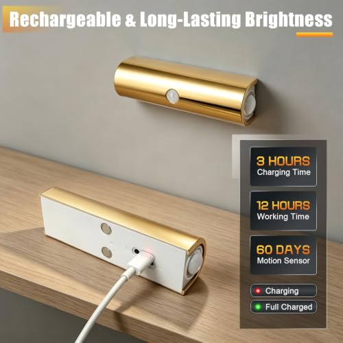 Gold Motion Sensor Wall Light - Rechargeable Magnetic Sconce with 3 Color Modes
