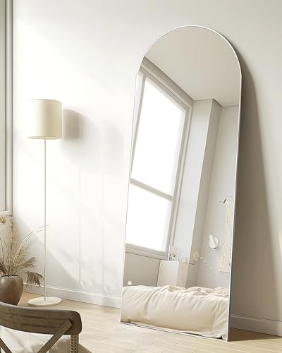 Full Length Floor Mirror with Stand - 65x22 Arched White Mirror, Freestanding & Wall Mountable