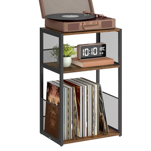 VASAGLE Rustic Brown 3-Tier Record Player Stand with Vinyl Record Storage