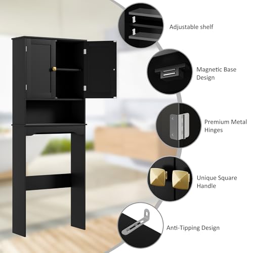 Over The Toilet Storage Cabinet - Black Bathroom Organizer with Adjustable Shelf - 24.8"L