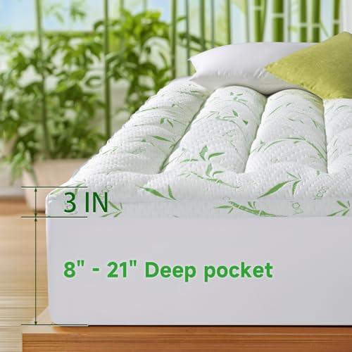 Green Queen Mattress Topper 3 Inch Viscose Bamboo Cooling Pillow Pad Cover