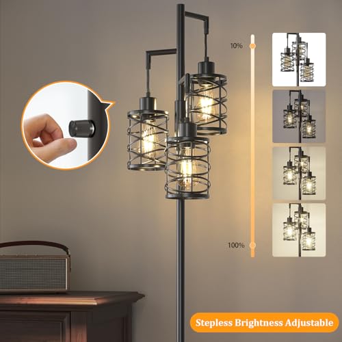 70-Inch Black Industrial Floor Lamp with 3 Dimmable Bulbs & Stepless Brightness