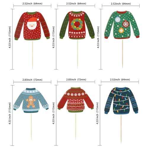 Gyufise 36Pcs Ugly Sweater Cupcake Toppers Christmas Decorations Xmas Party Supplies