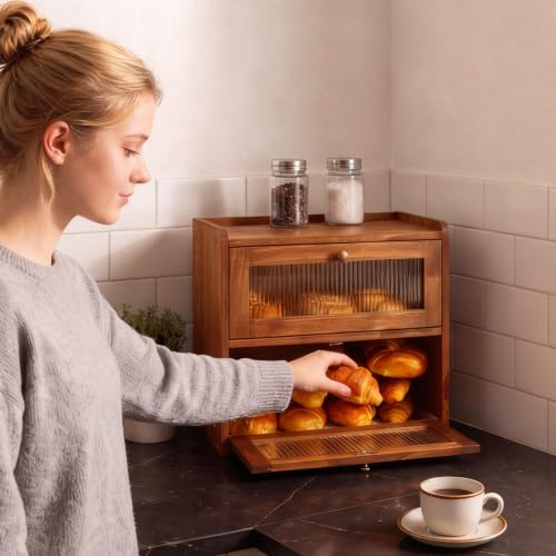 Retro Brown Large Double Layer Bread Box for Kitchen Countertop - Alpeir