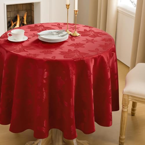 Softalker Christmas Jacquard Round Tablecloth 70in Red Flower Red