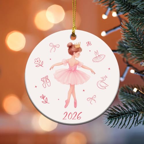 Ballet Dancer Ornament 3in - Pink Dress, Gold Crown, 2025 Edition Christmas Tree Decoration