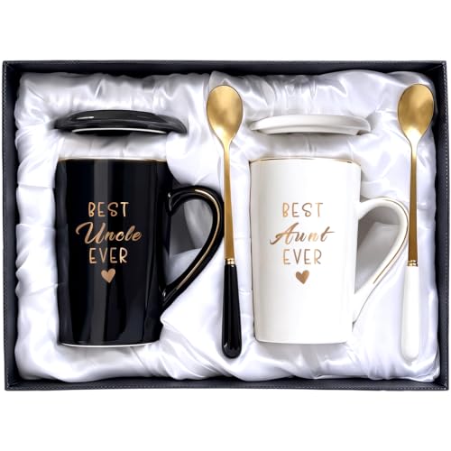 JUUNMAOO Black & White Best Aunt & Uncle Ever Mug Set 14 Oz with Lids & Spoons
