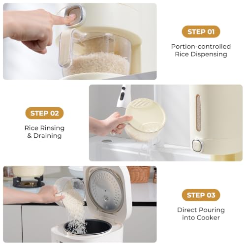 UFORU Cream White 23-25LB Airtight Rice Dispenser with Measuring Cup and Pest Prevention