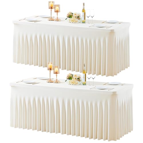 Gogoparti 2 Pack Ivory Stretch Fitted Tablecloth for 6ft Rectangular Tables - Wrinkle-Free Banquet & Wedding Cover