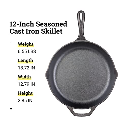 Lodge 12 Inch Pre-Seasoned Cast Iron Skillet with Ergonomic Handles - Perfect Sear, Pack of 1