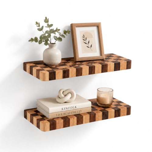 Fyctio 16 Inch Solid Wood Checkered Floating Wall Shelves Set of 2 – Rustic Modern Farmhouse Decor