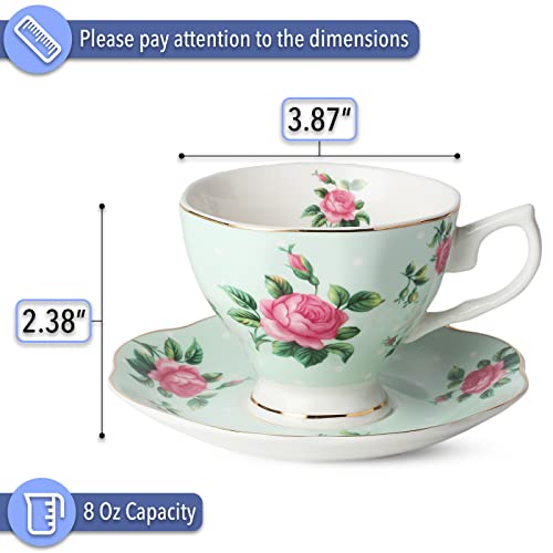 Multicolor Floral Tea Cup & Saucer Set of 8, 8 oz Porcelain Coffee Teacups with Gold Trim