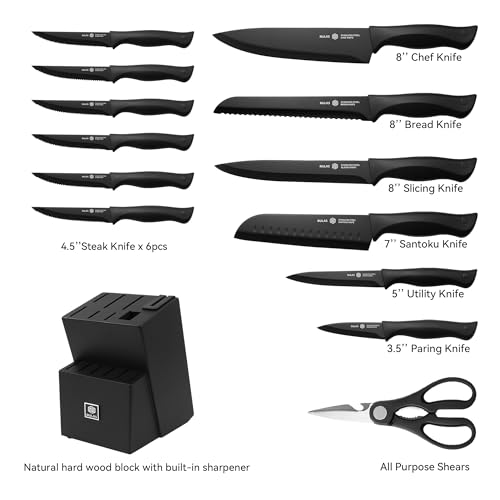 NULAS Black 15-Piece Kitchen Knife Set with Block & Built-In Sharpener