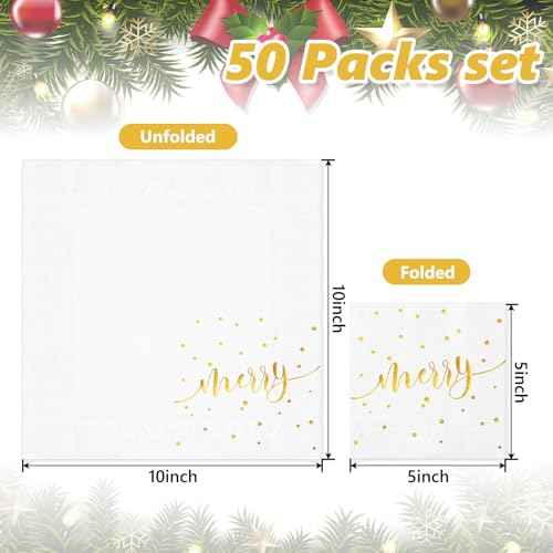 50Pcs Merry Christmas Cocktail Napkin Gold Foil Polka Dots Disposable Paper Napkin Xmas Winter Beverage Napkin for Party Table Decor