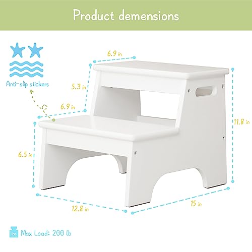 Kids Wooden Step Stool for Bathroom Sink – White Toddler Two-Step Platform with Non-Slip Mats (Variation: White)