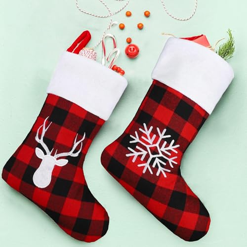 Aodaer 12 Pack Red and Black Buffalo Plaid Christmas Stockings 15 Inch Felt Reindeer Snowflake Pattern Holiday Decor