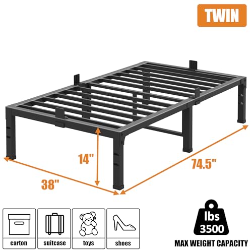 14 Inch Heavy Duty Twin Bed Frame - Steel Platform Support Up to 3500 lbs, Noise-Free, Easy Assembly