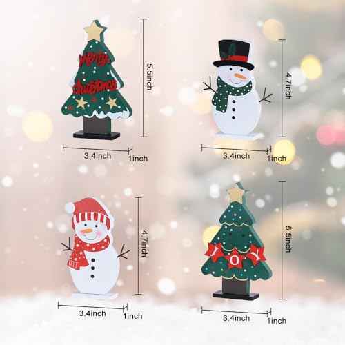 DECSPAS Christmas Decorations Indoor, 4 PCS Wood Christmas Trees & Snowmen for Centerpiece Table Decorations, Wooden Tiered Tray for Xmas Decor, Home, Winter, Tabletop, Mantel, Shelf, Gifts