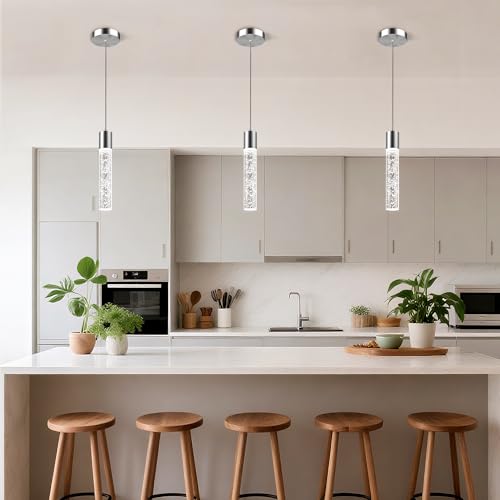 Esfos Nickel Cylindrical 3-Pack Pendant Lights for Kitchen Island, Modern Crystal Bubble Design, Adjustable LED Ceiling Fixture