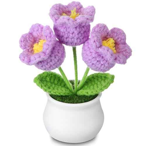 Crochet Flowers Bouquet Knitted Flowers for Home Office Desk Decorations, Christmas Stocking Stuffers Birthday Gifts for Women Teacher Coworkers Mom Sister Friends, Purple