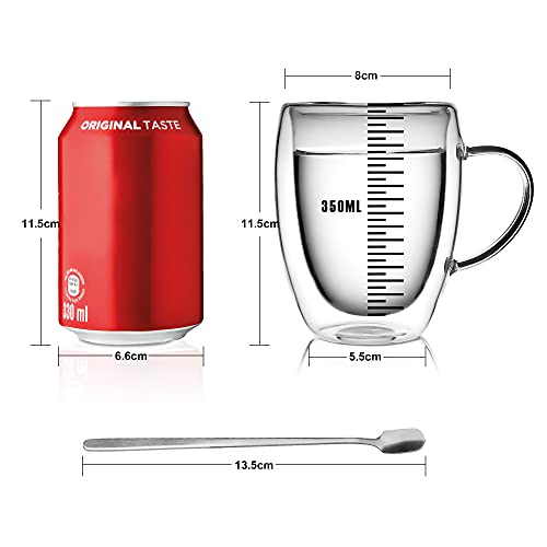 Double Walled Borosilicate Glass Coffee Cups Set - 6 Pack 350ml with Spoons
