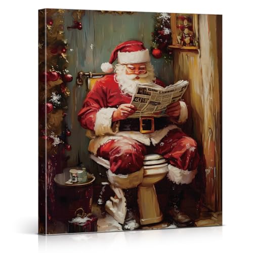 XIPLUM Funny Christmas Bathroom Canvas Wall Art Framed Santa on Toilet 8x10 in - Holiday Humorous Poster