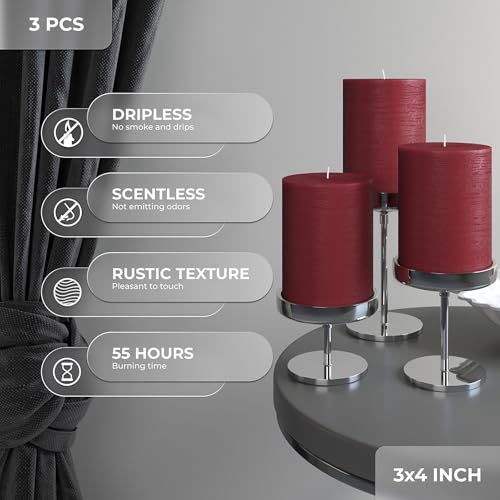 CANDWAX 3x4 inch Pillar Candles Set of 3 – Unscented, Dripless Burgundy, Handmade
