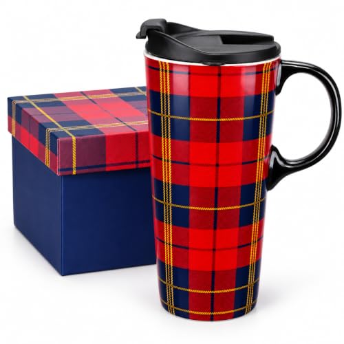 Topadorn 17oz Ceramic Travel Mug with Red Tartan Plaid Lid - Gift Box