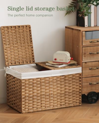 SETVSON Rattan Storage Basket with Lid, 65L Foldable Woven Bins for Bedroom & Laundry