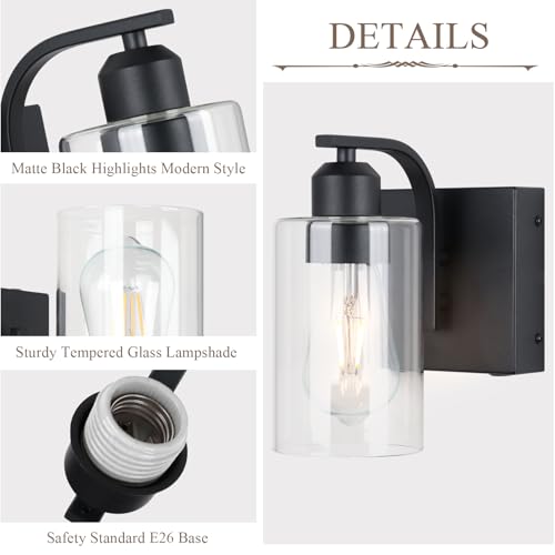 Black Battery Operated Wall Sconce Set of 2 with Clear Glass - Dimmable, Remote Control, 8 Inch