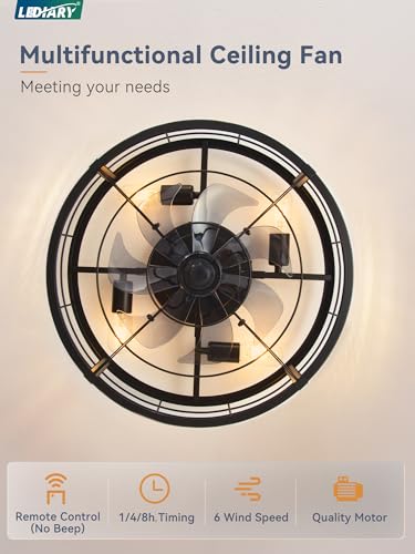 LEDIARY 20" Black Caged Low Profile Ceiling Fan with Light and Remote
