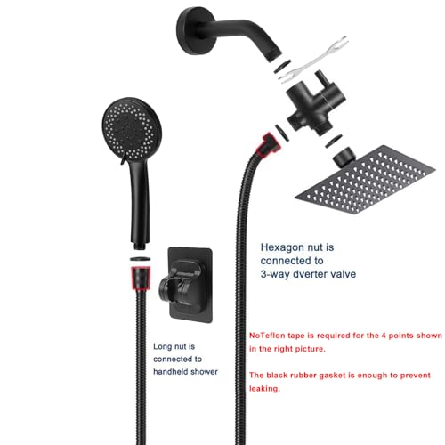 NearMoon Matte Black 8-Inch Square Filtered Rain Shower Head & Handheld Combo with 5 Settings, Self-Adhesive Holder & 1.5M Hose