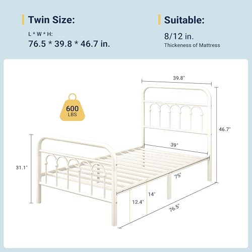 Allewie Twin Size Cream Metal Platform Bed Frame with Headboard - Victorian Style