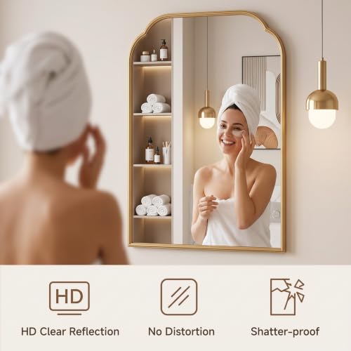 Gold Bathroom Scalloped Mirror - 36x24 Inch Rust-Proof Metal Frame - Wall or Vanity Decor