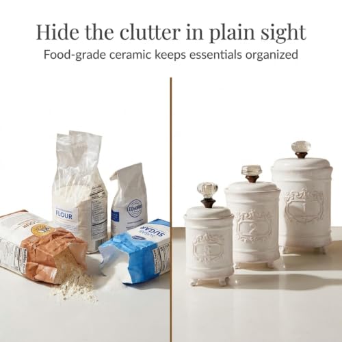 Mud Pie Kitchen Canister Set of 3 - White Ceramic Food Storage with Doorknob Lids