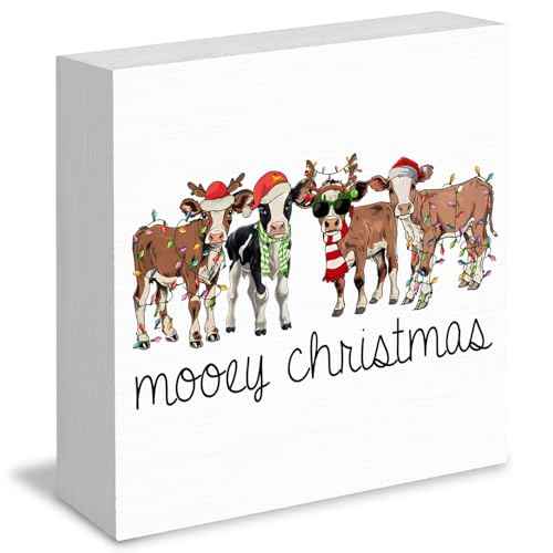 Christmas Cow Wood Box Signs, Cow Christmas Decorations, Cow Gifts for Women Cow Lovers, Farmhouse Christmas Decor, Christmas Wooden Signs for Home Office Desk Shelf Table Decor, 5x5 Inch